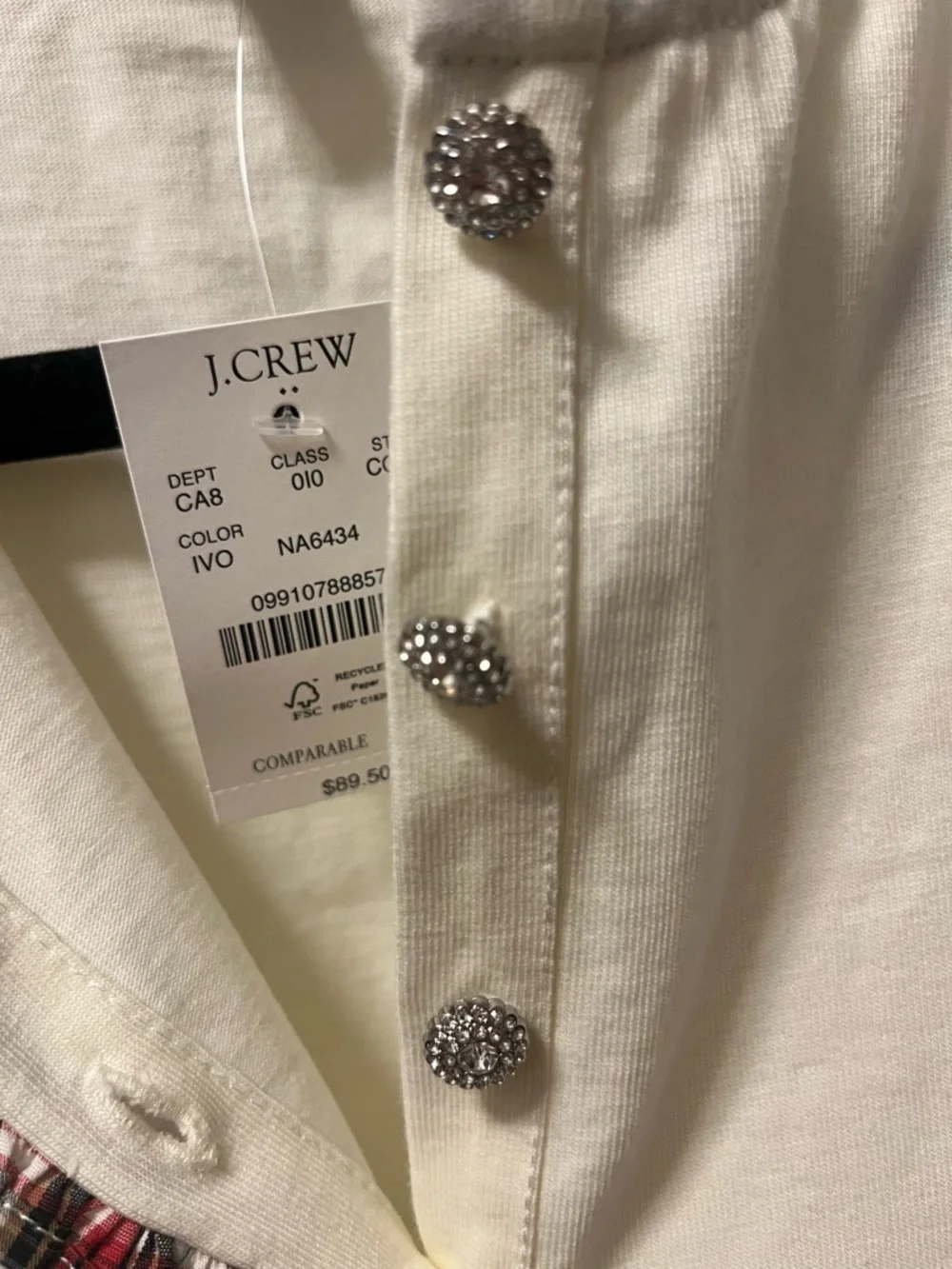 J. Crew Women’s Cream Long-Sleeve‎ Henley with Red Plaid Ruffle Trim Size Sm NWT
